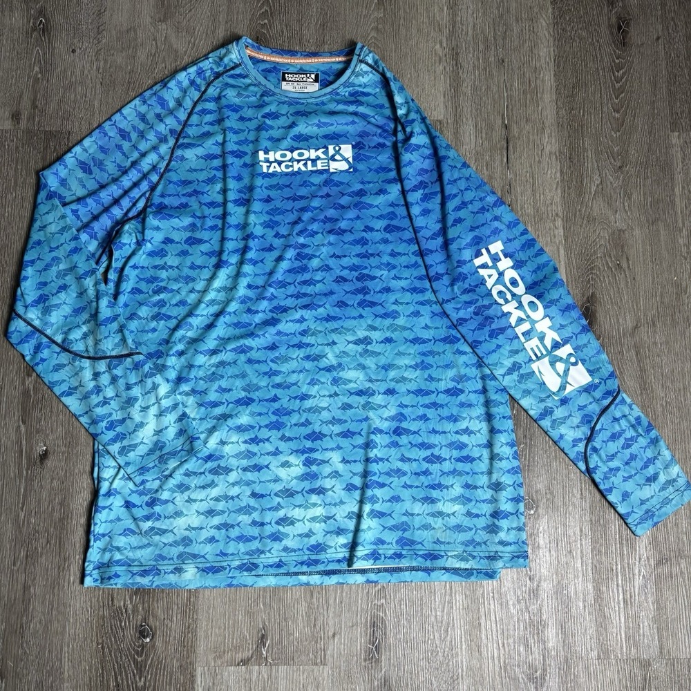 Hook & Tackle Men's 2X Fishing Shirt UPF 50+ Blue All Over Fish Performance‎